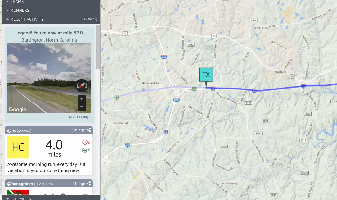 Racery's street view functionality includes mile-marker, location name and the ability to zoom or pan 360-degree in app.