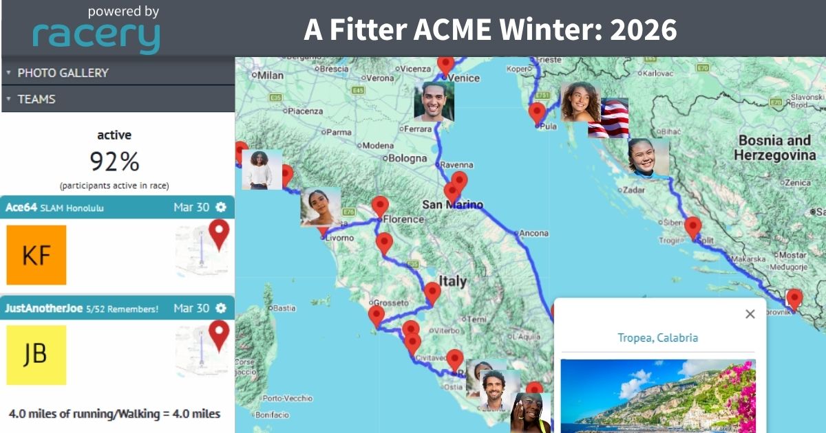 Corporate wellness challenge route map across Italy with team activity feed