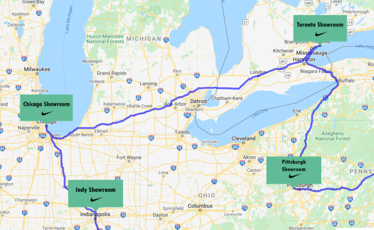 Nike virtual race route map showing Chicago, Indy, Pittsburgh, and Toronto showrooms