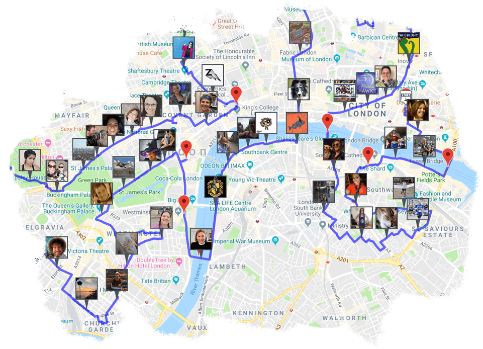 London virtual race route map with participant photos